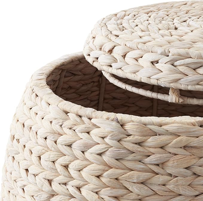 Casafield Round Storage Basket with Lid - Whitewash, Handwoven Water Hyacinth Organizer for Laundry, Blankets, Plants, Bedroom, Living Room, Office