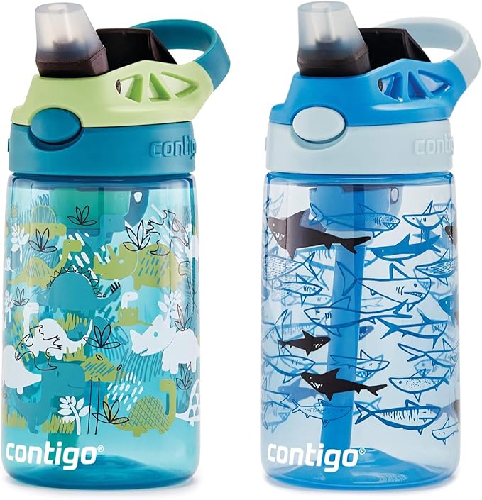 Contigo Aubrey Kids Water Bottle,14oz,Dinos & Sharks,Spill-Proof Lid,Dishwasher Safe,Blue & Green,(Pack of 8)