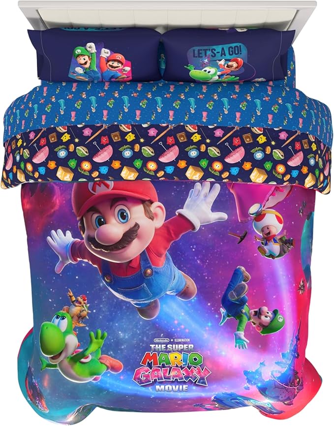 The Super Mario Galaxy Movie Bedding Set, Full Size 5 Piece Kids Super Soft Cozy Reversible Comforter and Sheet Set, (Officially Licensed Product) By Franco | Durable, Reversible, Officially Licensed