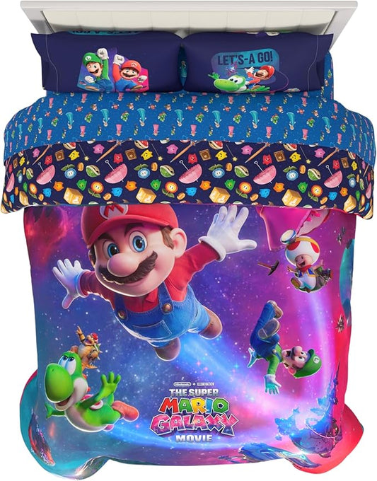 The Super Mario Galaxy Movie Bedding Set, Full Size 5 Piece Kids Super Soft Cozy Reversible Comforter and Sheet Set, (Officially Licensed Product) By Franco | Durable, Reversible, Officially Licensed