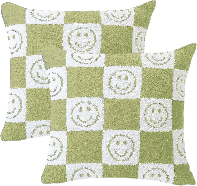 Pack of 2 Ultra Soft Cozy Happy Smiling Face Checkered Knitted Throw Pillow Cover Fluffy Microfiber pillocase Decorative for Sofa Bed 18 Inches Both Sides (Green)