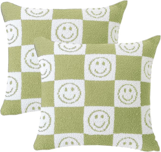 Pack of 2 Ultra Soft Cozy Happy Smiling Face Checkered Knitted Throw Pillow Cover Fluffy Microfiber pillocase Decorative for Sofa Bed 18 Inches Both Sides (Green)
