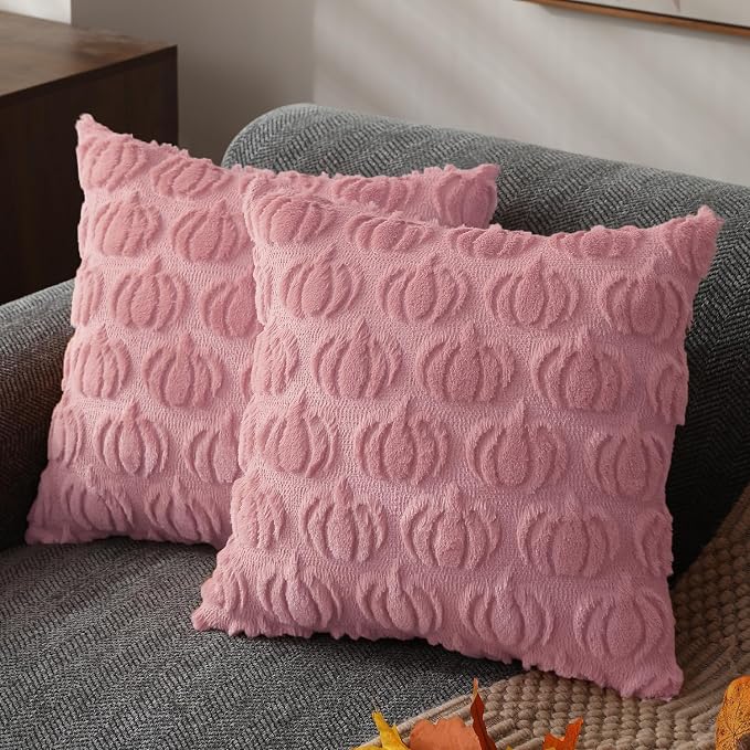 DFXSZ Fall Pillow Covers 20x20 2Pcs Pink Pumpkin Fall Decorations for Home | Fall decor Set of 2 Throw Pillow Cases Soft Plush Faux Fur Wool Couch Cushion for Chair Sofa Bedroom Living Room Home Decor