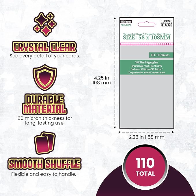 Sleeve Kings Betrayal at House on the Hill Compatible Card Sleeves – 58x108mm, 110 Pack, 60 Micron Thick, Clear Polypropylene, Acid-Free, Extra Clear – Compatible Board Game Card Protectors - SKS-8822