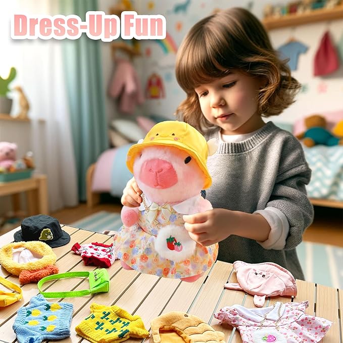 Capybara Plush with 9 pcs Clothes & Accessories, 10.2 in Cute Capybara Stuffed Animal Plush Toys, Dress Up Cute Plushies for Girls/Boys (Pink)