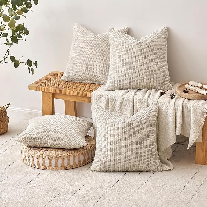 MIULEE Soft Decorative Chenille Pillow Covers Cream 18x18 Pack of 4 | Modern Home Decor, All Same Cream Color Set, Couch Throw Pillows, Farmhouse Boho Cushion Covers for Sofa Bed Living Room