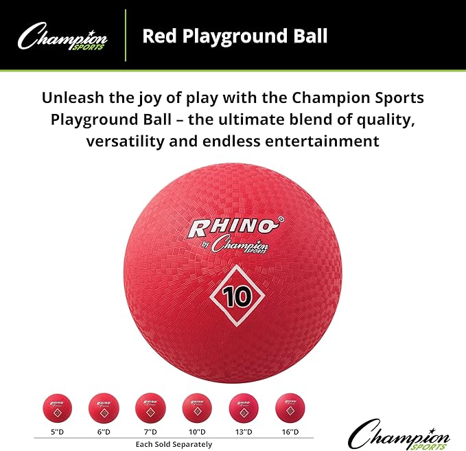 Champion Sports Playground Ball – High-Bounce 2-Ply Construction, Durable Red Ball for Throwing, Catching & Kicking - Multiple Sizes (5", 6", 7", 10", 13", 16")