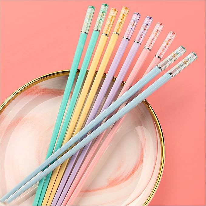 5 Pairs Amber Cherry Blossom Pattern Decoration Multicolor Fiberglass Chopsticks Japanese Korean Chopsticks Reusable Dishwasher Safe Yellow Pink Blue Green Purple