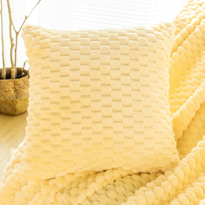 Bnuitland Flannel Throw Blanket, 300 GSM Fleece Cozy Warm Soft Home Decor Lightweight Bed Sofa Blanket for Adults, Suitable for All Seasons(Light Yellow,50X71 inches with Pillow Cover)