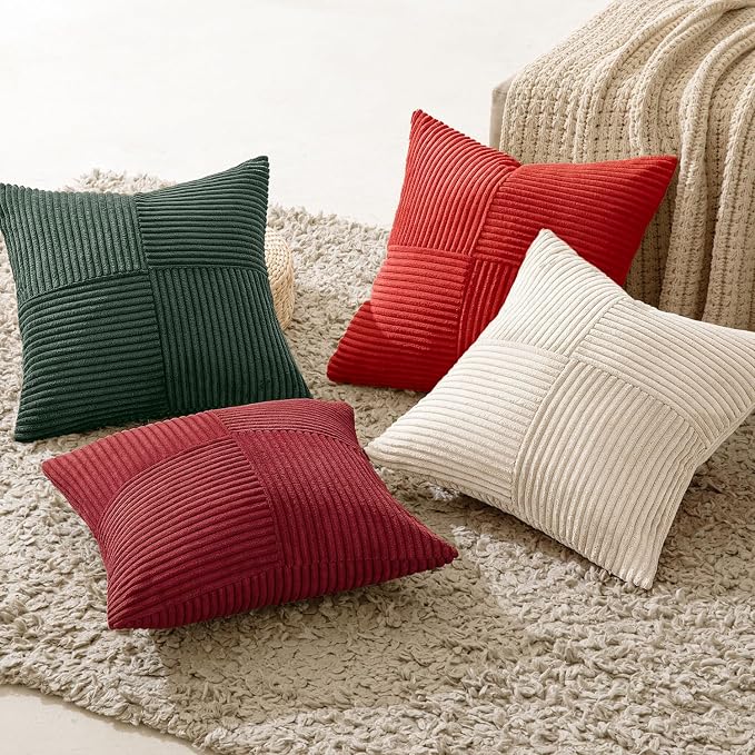 MIULEE Boho Christmas Red Decorative Throw Pillow Covers 18x18 Set of 4 Farmhouse Cushion Covers Color-Clash Corduroy Pillow Cases Modern Soft Corduroy Patchwork Home Decor for Couch Sofa Bedroom