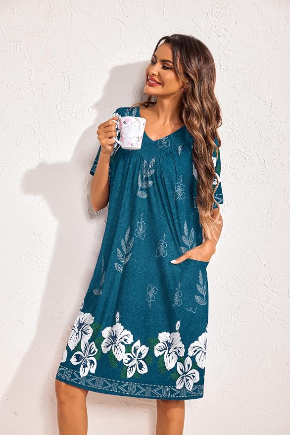 Ekouaer Womens House Dress Floral Print Nightgown with Pockets Mumu Dress