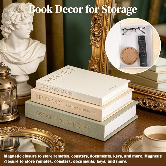 Decorative Books for Home Decor, Set of 3 Linen Faux Books with Hidden Storage Aesthetic Coffee Table Books for Shelf, Mantle or Entryway Hollow Book Box for Keepsake, Photo & Jewelry Organization