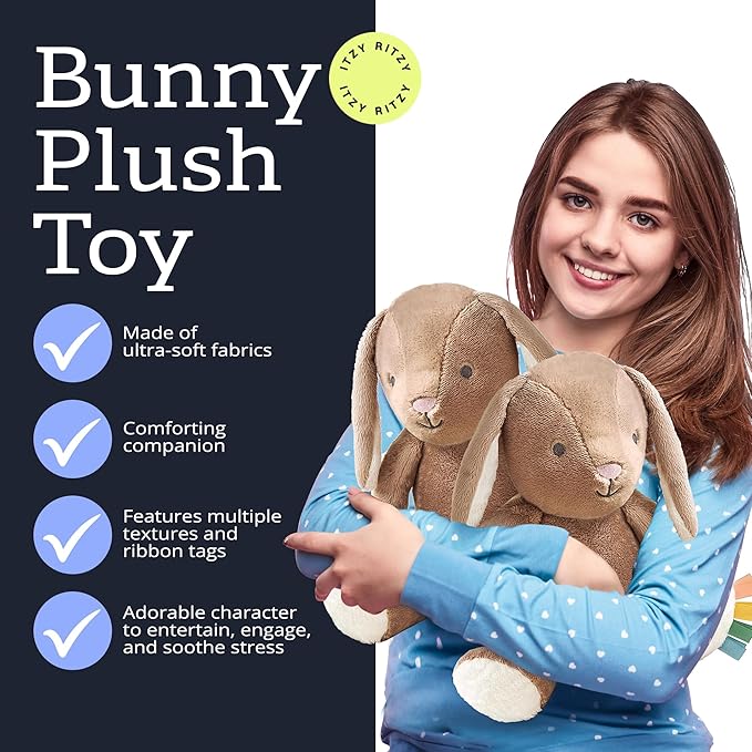 Itzy Ritzy Snuggles Plush Toy – Soft Stuffed Animal for Babies, Kids & Adults – Sensory Ribbons & Textured Fabrics for Tactile Play – Cozy & Cuddly Companion for Newborns & Up (Taupe Bunny)