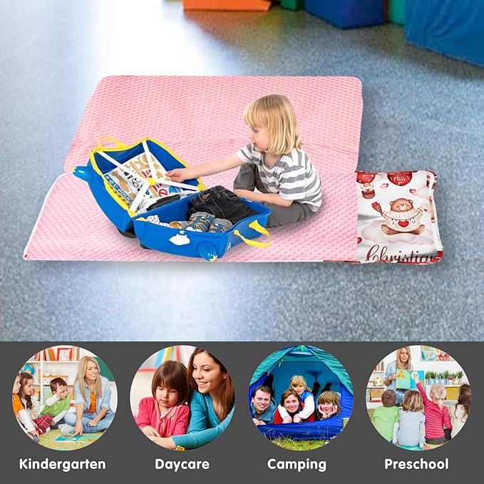 Personalized Toddler Nap Mat for Girls – Custom Name Kids Nap Mat – Daycare Sleeping Mats with Removable Pillow and Soft Minky Dot Blanket for Preschool, Travel, Kindergarten