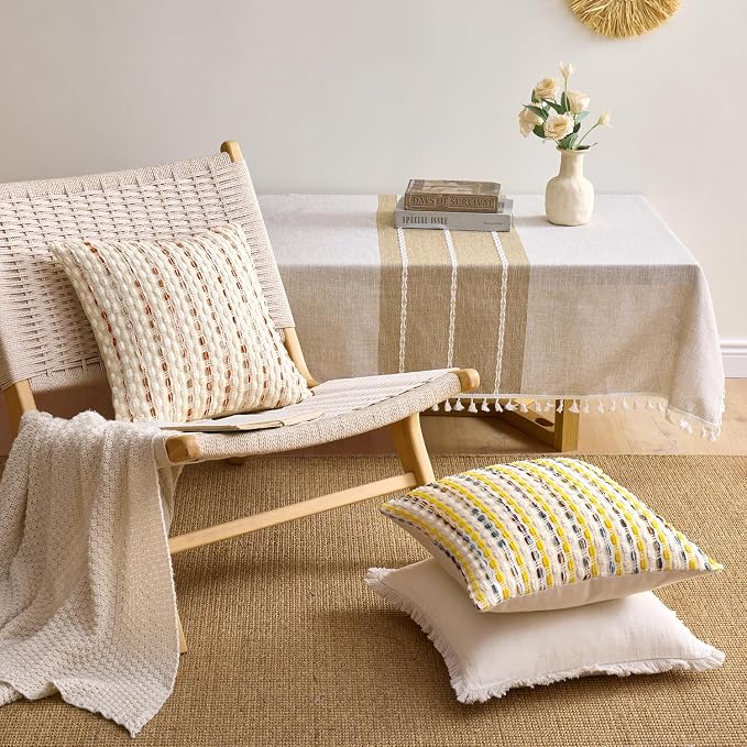 ANRODUO Boho Decorative Throw Pillow Covers Cream Rust 20x20 Inch Set of 2 | Chenille Tufted Pillow Covers, Woven Throw Pillow Covers with Raised Stripes, Neutral Pillowcase for Couch Sofa Living Room