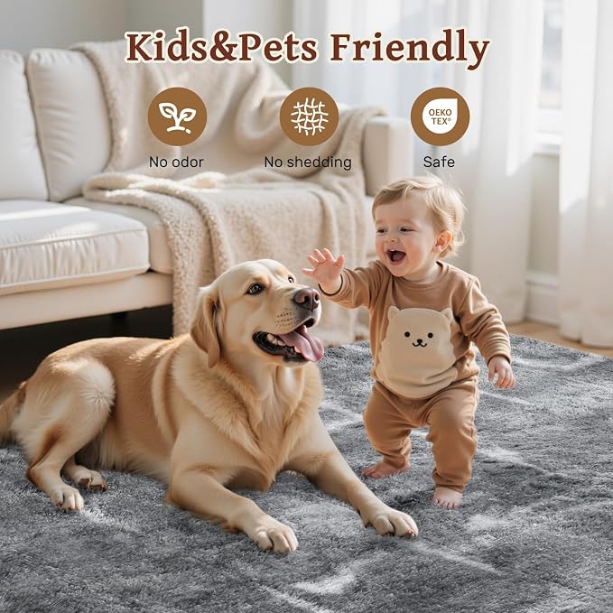 Area Rugs for Living Room 6x9 Feet, Soft Fluffy Shagg Plush Bedroom Rug Non-Slip,Large Carpet for Nursery Kids Dorm Home Decor Starlight Grey