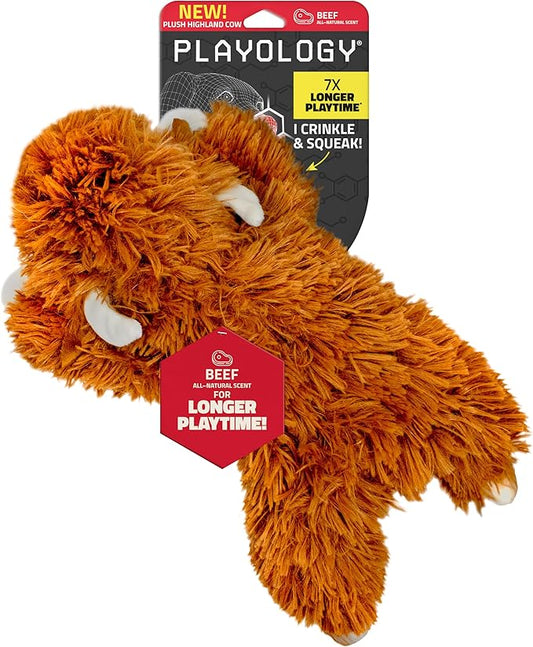 Playology Dog Toys | Plush Toy Highland Cow Stuffed Animal for Dogs | Jumbo Beef Scented Toy - Easy to Clean and Made from Non Toxic Materials
