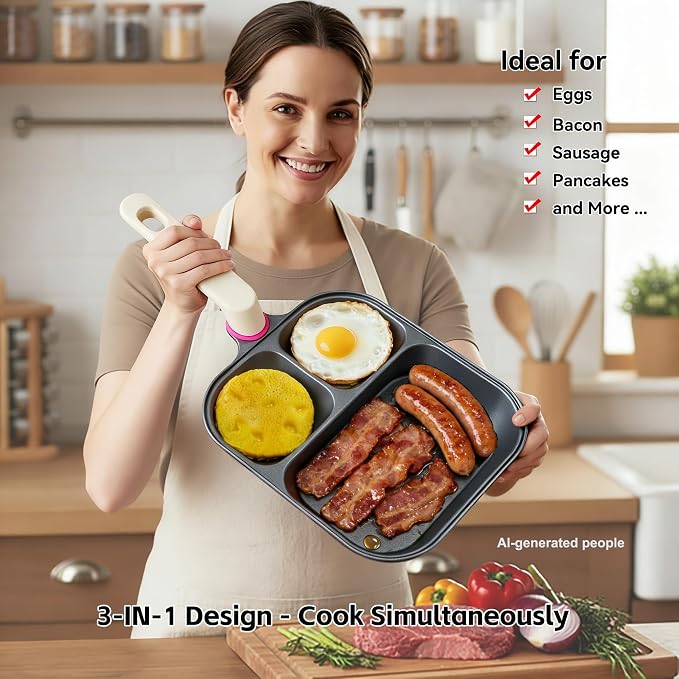 9.25" Titanium Nonstick Divided Egg Pan, 3-In-1 Breakfast Skillet with 2 Round & 1 Square Compartments, Induction & Gas Compatible, PFOA/PTFE Free, Cook Eggs, Pancakes & Bacon Simultaneously