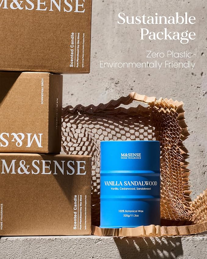 M&SENSE Vanilla Sandalwood Scented Candles,Fall Candles Natural Non Toxic, Soy Candle for Stress Relief Meditation Relaxing, Housewarming Gifts for Women Men, 11.3oz 70 Hour Long Burning