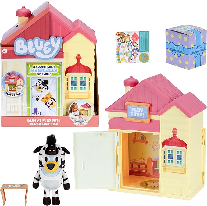 Bluey Play Date Plush Surprise, Decorate House with Stickers, Attach The Play Time Sign, Then Open The Door for a Surprise Plush to Appear, Plush Style May Vary