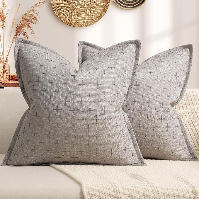 Pillow Covers 18x18 Set of 2 Soft Polyester Textured Pillow Covers with Stylish Flange Edge Cozy Farmhouse Throw Pillows for Couch Bed Sofa Living Room