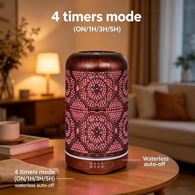 250ML Essential Oil Aromatherapy Diffuser for Home Bedroom Office Metal Hollow Decorative Room Ultrasonic Air Scent Mist Aroma Diffuser -Red Copper