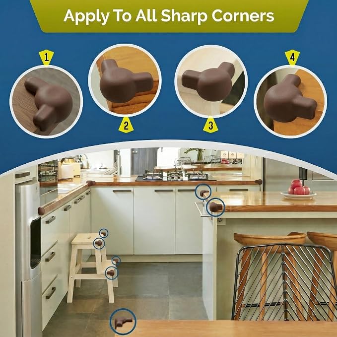Silicone Corner Protectors for Baby Proofing – Soft Adhesive Corner Guards for Tables & Furniture, Child Safety Edge & Corner Bumpers. Protects Toddlers from Sharp Edges (12 Pack/Brown)