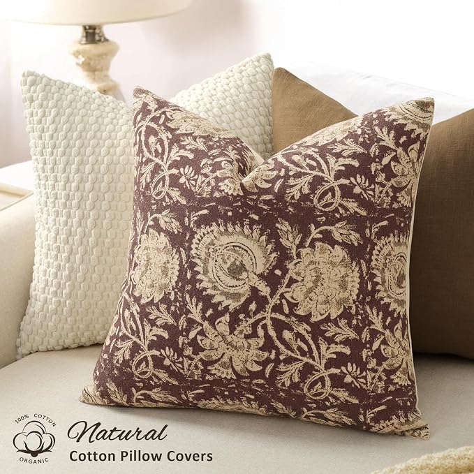 Vintage Floral Print Throw Pillow Covers 18x18 Set of 2 Neutral Modern Farmhouse Pillowcases Accent Decorative Cushion Covers Boho Home Decor for Couch Sofa Chair Bed Living Room, Oxblood