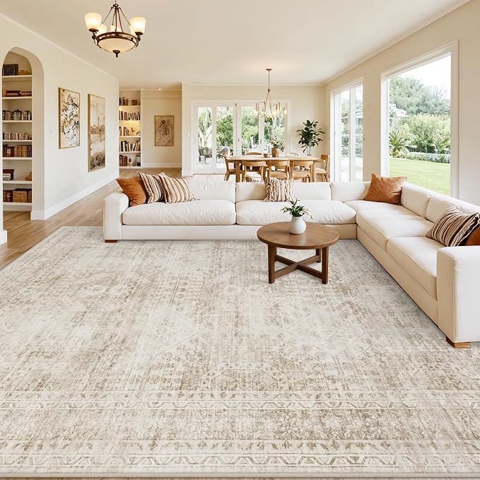 10x12 Area Rug for Living Room: Vintage Boho Neutral Washable Rug Indoor Soft Large Area Rug Carpet for Bedroom Nursery Farmhouse Dining Room Office Floor Non-Slip Low Pile Under Table Rug Brown