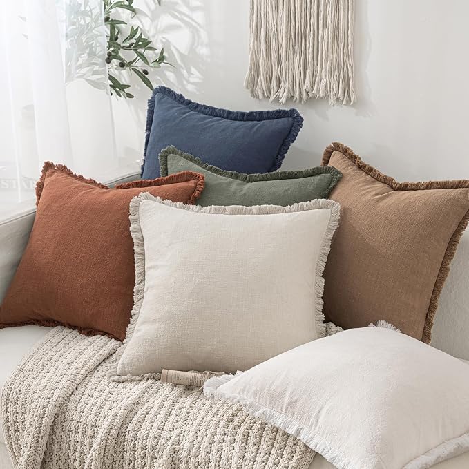 MIULEE Boho Linen Fringe Decorative Fall Throw Pillow Covers Brick 18x18 | Set of 2, Cottagecore Decor, Boho Farmhouse Neutral Pillow Covers, Rustic Fall Couch Cushion Cases for Sofa Bed Living Room