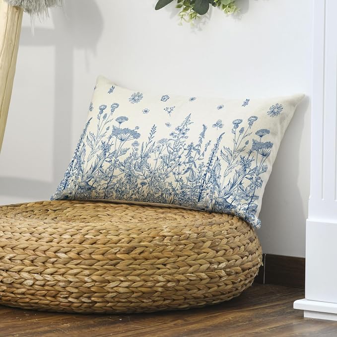 AVOIN colorlife Wildflowers Spring Blue Throw Pillow Cover 12x20 Inch | Summer Floral Cushion Case Decoration for Home Sofa Couch