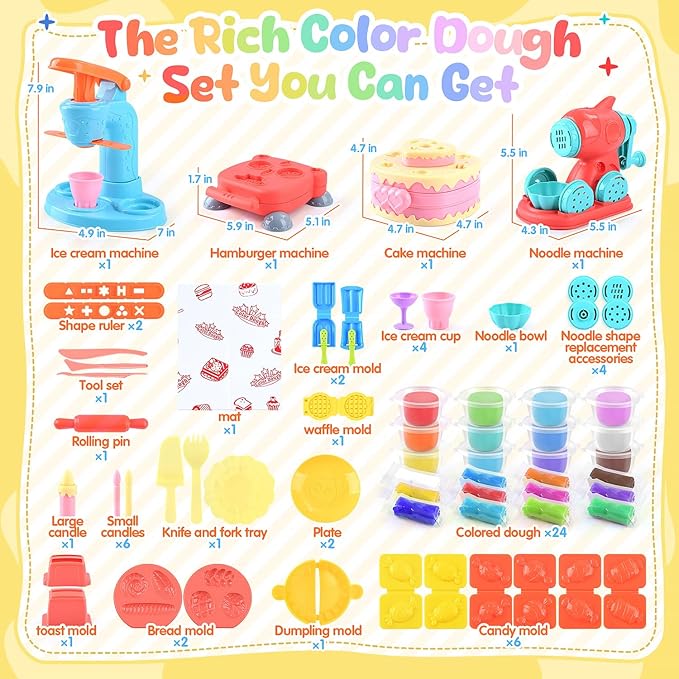WeeHomm 4 in 1 Color Dough Set Kitchen Creations with Ice Cream/Cake/Noodle/Hamburger Maker Machine, Arts Crafts Play Food Toys Tools Kit for Boys Girls Kids Toddlers Ages 3+ , 24 Dough