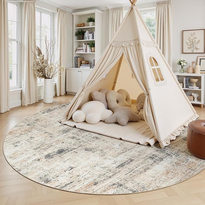 8ft Area Rug for Living Room, Abstract Washable Non-Slip Large Rugs, Gold | Soft Neutral Carpet for Bedroom, Dining Room, Home Office Nursery Indoor, Stain Resistant, Low Pile, Foldable Modern Rug