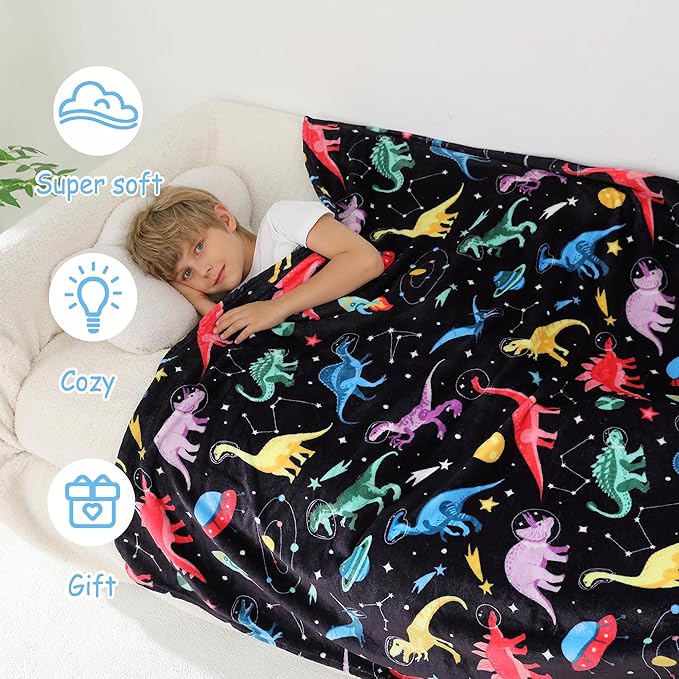 Softan Kids Throw Blanket for Girls & Boys, Warm Soft Toddler Flannel Blankets for Sofa Couch Bed， Cozy Fuzzy Plush Flannel Kids Throw Blanket for Daycare & School - Space Dinosaur 50x60 inches