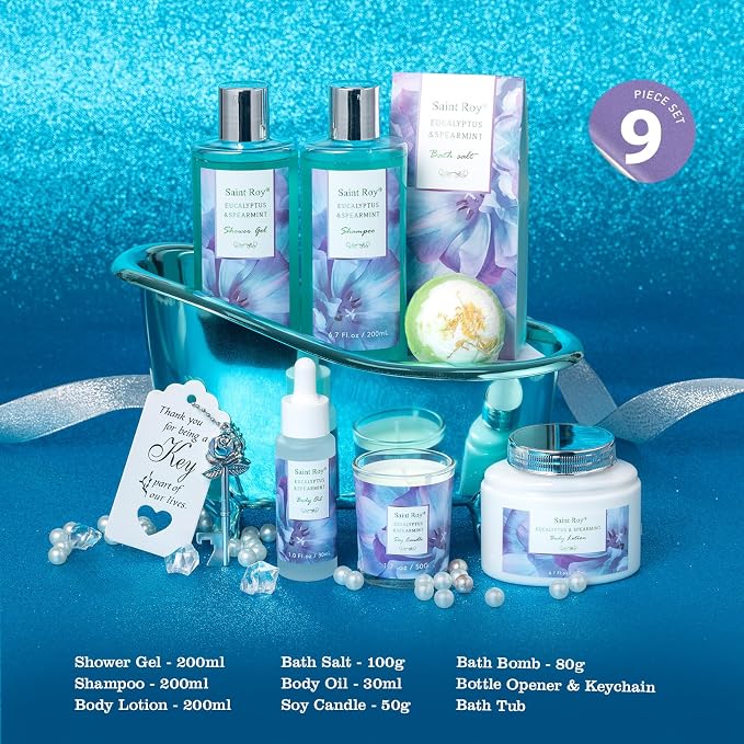 Bath and Body Basket Set, EUCALYPTUS & Mint Spa Gift Basket for Women | Unique Bath Gift Baskets Gifts, Home Spa Kit Christmas Gifts for Women, birthday gift baskets for Dad Mother's Day