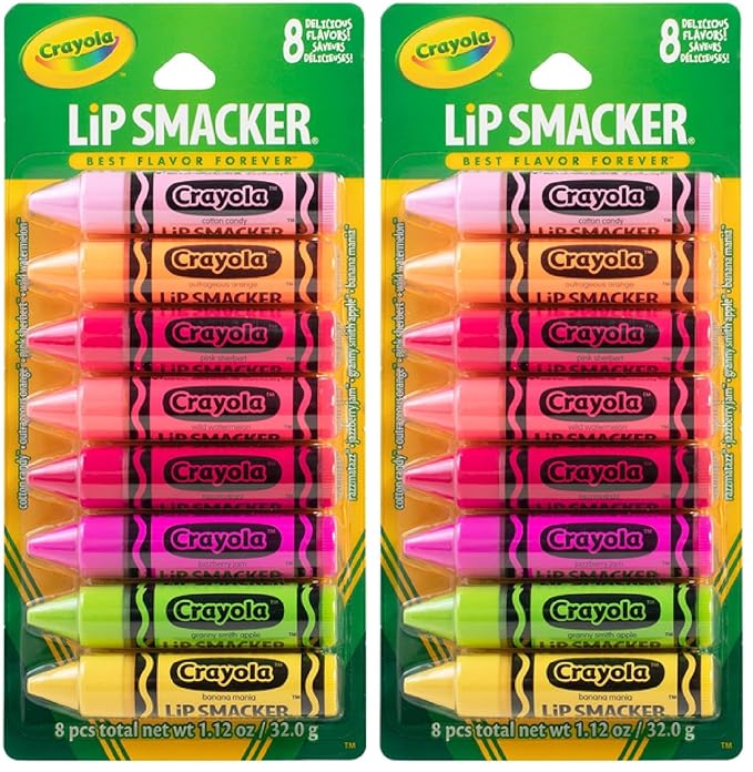 Lip Smacker Crayola Lip Balm Party Pack - 8 Moisturizing Balms, Cotton Candy, Orange, Sherbert, Watermelon, Berry, Apple, Banana, Hydrating & Protecting - Cruelty-Free,(Pack of 2)