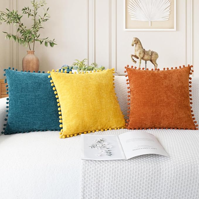 CaliTime Fall Decorative Throw Pillow Covers 20 X 12 Inches Burnt Orange | Pack of 2, Cozy Chenille Cushion Cases, with Pom Poms for Sofa Bed Living Room Farmhouse Home
