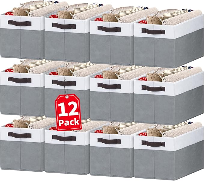 12 Pack Large Storage Baskets for Shelves | Fabric Closet Organizers and Storage Bins with Handles for Home Organization | Decorative Collapsible Basket for Organizing Clothes Toy Nursery
