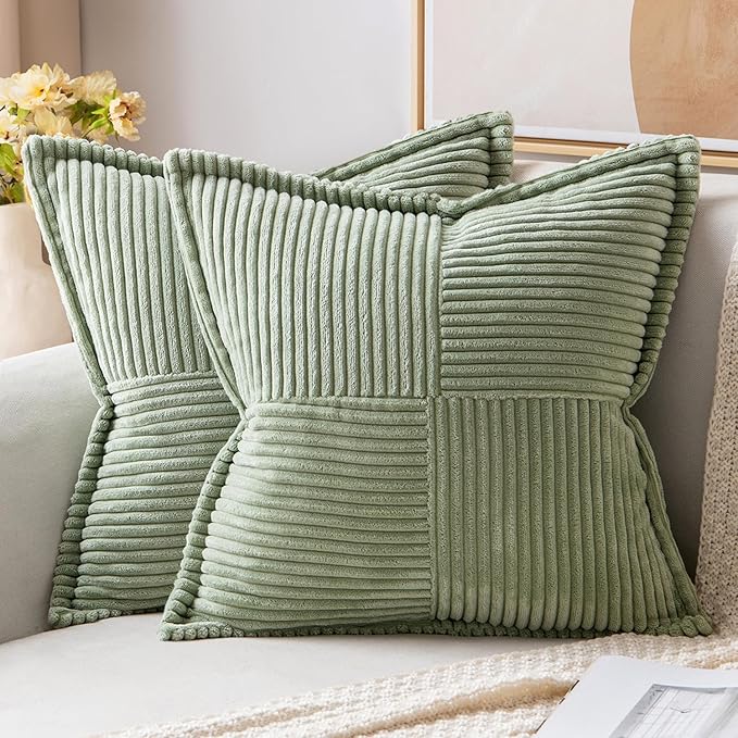 MIULEE Decorative Throw Pillow Covers for Couch 16x16 Inch Sage Green | 2 Pack, Boho Broadside Striped Patchwork Pillow Covers, Soft Corduroy Cushion Cases, For Sofa Bed Livingroom Home Decor