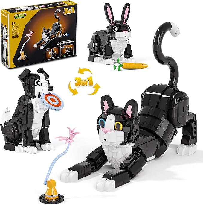 3 in 1 Animal Tuxedo Cat Building Set - Animal Figurines with 3 Building Options into Cat, Dog, or Rabbit - Learning Toy, Birthday Gift for Kids, Girls & Boys Ages 6+