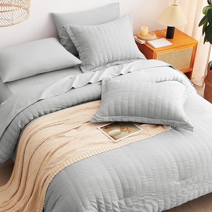 CozyLux Oversized King Comforter Set Light Grey Seersucker 7 Pieces 120x98 Bed in a Bag Comforter Set with Sheets, Light Gray Luxury Bedding Set Down Alternative Comforter, Sheets, Pillowcases & Shams