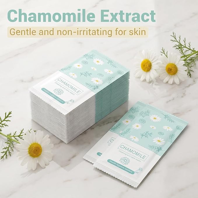 Travel Feminine Hygiene Wipes, Individually Wrapped Wipes, 100 Pack | Chamomile pH-Balanced Feminine Wipes, Individually Wrapped Portable Large Hygiene Wipes for Friends & Homeless Care