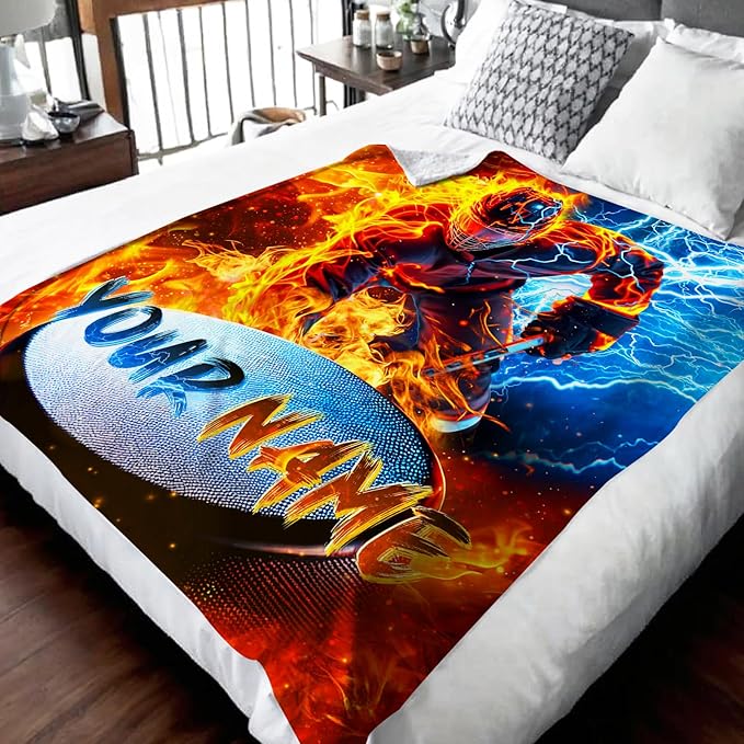 Boys Ice Hockey Blanket Gift Personalized Sport Theme Throw Blankets for Kids Teens, 50x60 Inches Warm Soft Cool Custom Decor Throw for Sofa Couch Bed Office