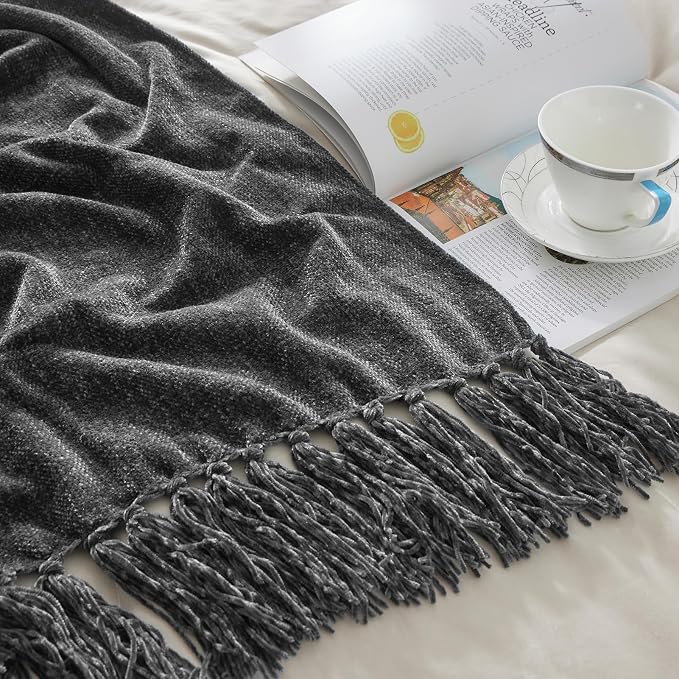 CozeCube Chenille Throw Blanket, Charcoal Grey Fringe Blanket, 50"X60" | For Couch, Cozy Plush Fuzzy Decorative Blanket with Fringe Tassels, Lightweight Throws for Bed Sofa Gift Home Decor