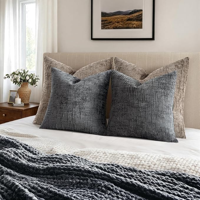 MIULEE Chenille Textured Throw Pillow Covers Dark Grey 20x20 Set of 2 | Slubby Decorative Pillows, Boho Farmhouse Home Decor, Modern Neutral Cushion Covers for Couch Sofa Bed Living Room