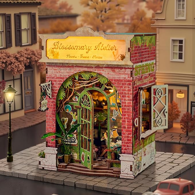 Foyucool DIY Book Nook Kit, Miniature Dollhouse Bookshelf Insert with Light, Laser-Cut Wooden Craft Set for Adults, Perfect for Teens and Adults, Blossomary Shop