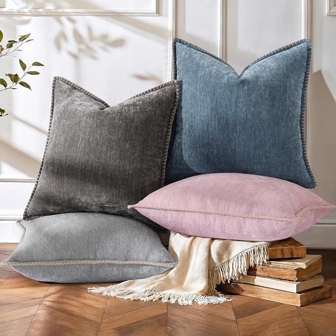 decorUhome Soft Chenille Throw Pillow Covers 18x18 Set of 2 Dark Grey | Fall Textured Decorative Throw Pillow Cases Stitched Edge Modern Farmhouse Luxury Boho Velvet for Couch Sofa Bed Home Decor