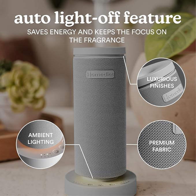 Homedics SereneScent Mini Fabric Rechargeable Waterless Diffuser, Cordless Aromatherapy Device, Use with SereneScent Oil 15ml (Sold Separately), Adjustable Mist Intensity & Ambient Light, Gray
