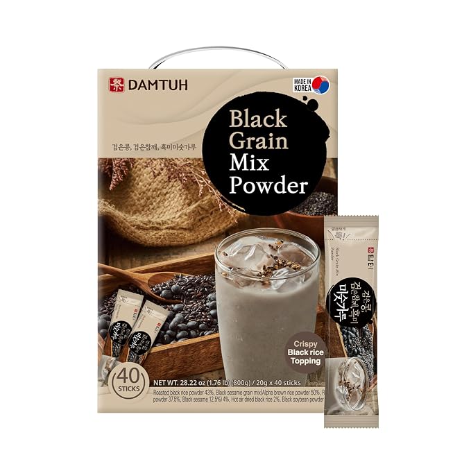 Damtuh Misugaru Powder Drink Mix – Korean Black Grain Blend with Roasted Black Rice, Bean & Sesame, Latte-Style Drink, Caffeine-Free, 20g x 40 Stick Packs