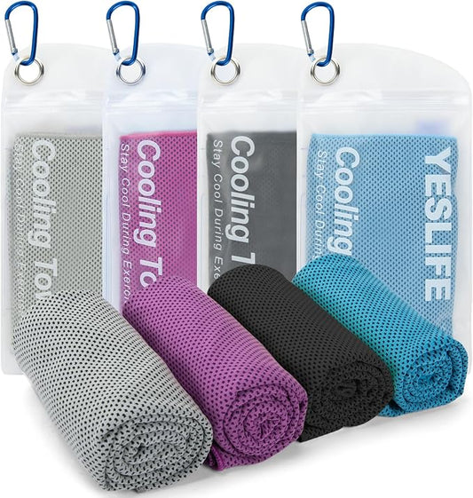 YESLIFE 4 Pack Cooling Towels (40"x12"), Gym Sweat Towels, Cooling Neck Wraps, Soft Breathable Microfiber Towels for Yoga, Running, Sport, Workout, Camping & More (Multicolor)